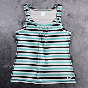 Oakley Womens XL Striped Activewear Tank Top Teal Black White Mesh Breathable